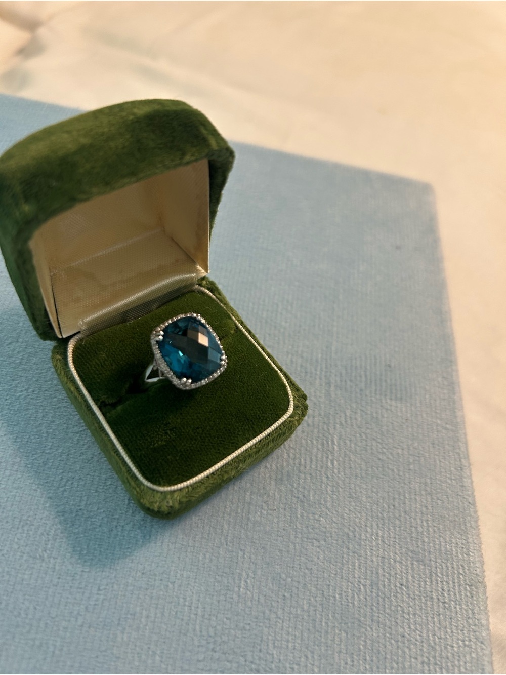 Blue Cushion-Cut TOPAZ Halo Ring - 14k WHITE GOLD - Picture 3 of 5
